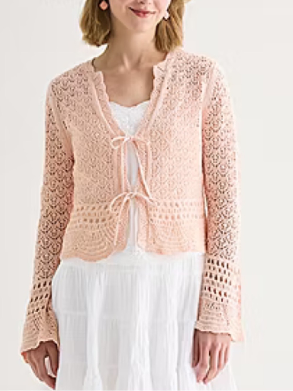 Crochet Bell Sleeve Sweater Front Tie Closure Light Pink Size Large Cotton Knit - Picture 2 of 12